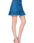 O2 Denim High Waisted A-line Ruffle Hem Denim Skirt