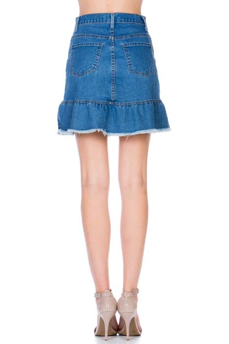 O2 Denim High Waisted A-line Ruffle Hem Denim Skirt