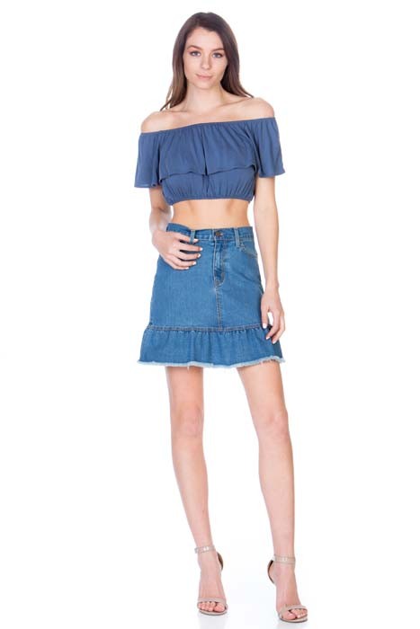 O2 Denim High Waisted A-line Ruffle Hem Denim Skirt