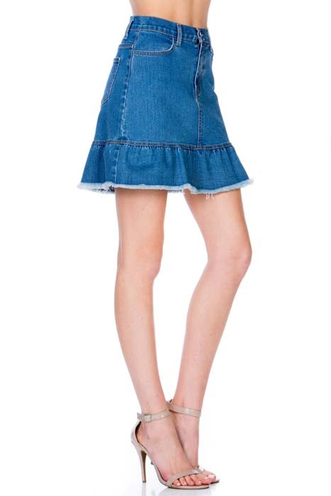 O2 Denim High Waisted A-line Ruffle Hem Denim Skirt