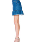 O2 Denim High Waisted A-line Ruffle Hem Denim Skirt