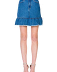 O2 Denim High Waisted A-line Ruffle Hem Denim Skirt