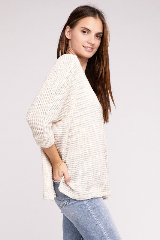 Zenana 3/4 Sleeve V-Neck Hi-Low Hem Jacquard Sweater