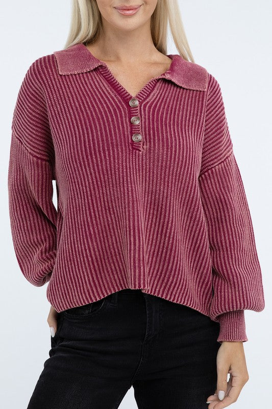 ZENANA Washed Collared Henley Sweater