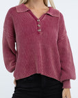 ZENANA Washed Collared Henley Sweater