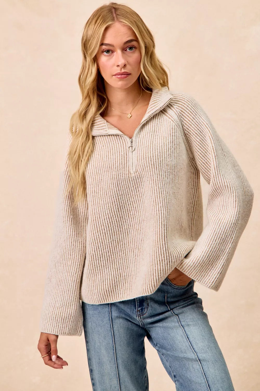 BiBi Two Tone Rib Texured Knit Collared Top with Zip Up