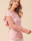 BiBi Ruffled Lace Sleeve Rib Knit Top