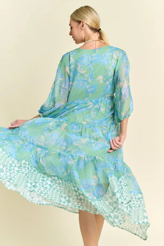 Davi & Dani Geo and Floral Print Mixed Tiered Dress in Mint