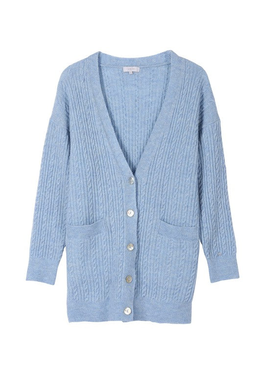 Lilou Wool Blended Cable Knit Cardigan in Light Blue