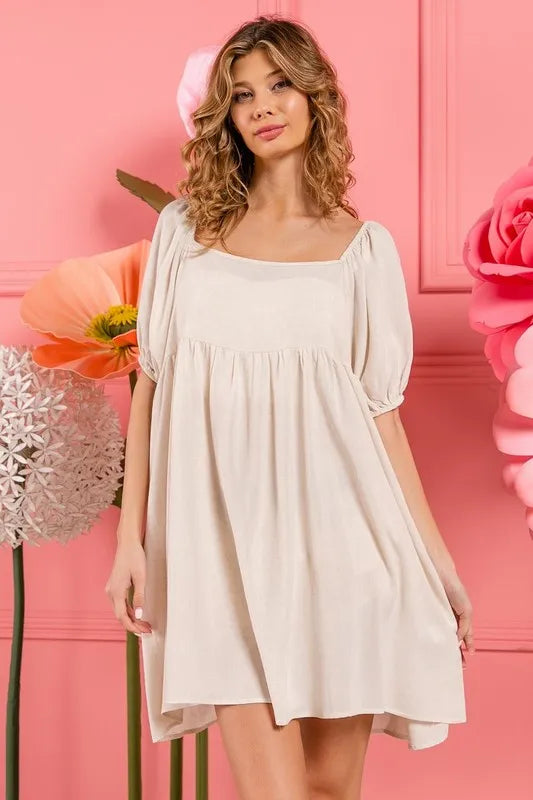 BiBi Washed Linen Tiered Midi Dress with Puff Sleeves