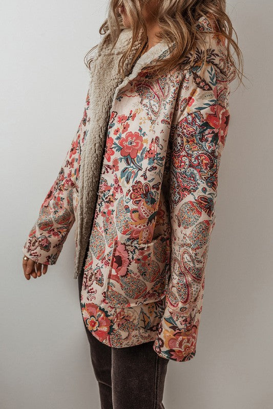 Women Floral Printed Sherpa Lined Hooded Jacket