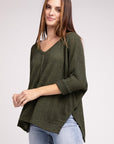 Zenana 3/4 Sleeve V-Neck Hi-Low Hem Jacquard Sweater