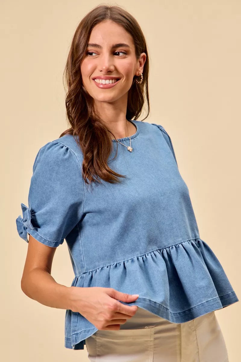SO ME Denim Bow Detail Short Sleeves Peplum Top