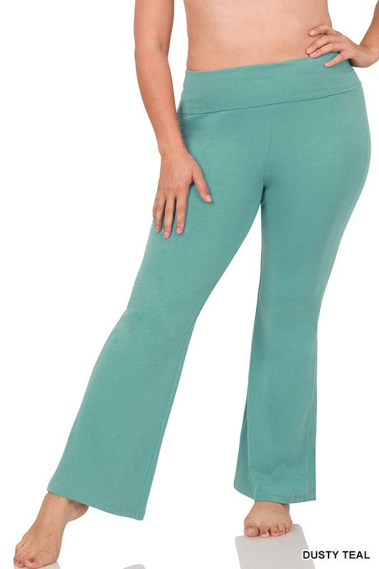 Zenana Plus Premium Cotton Fold Over Yoga Flare Pant - Online Only