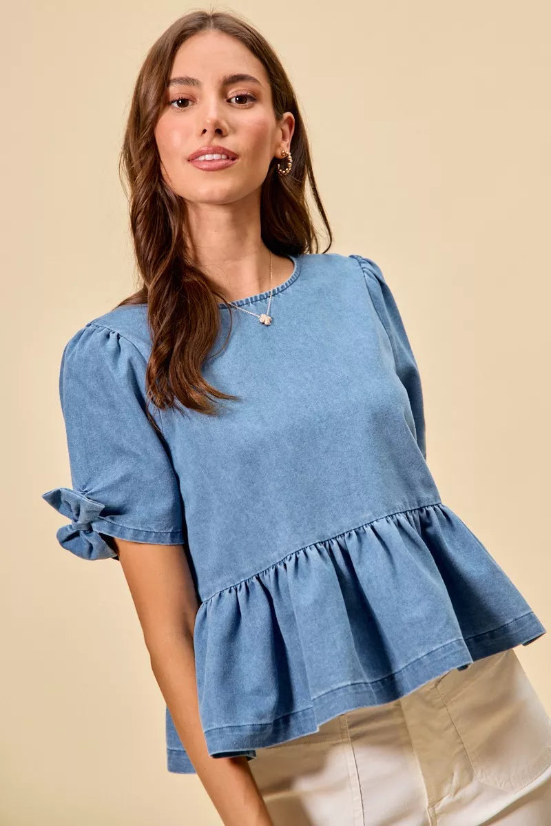 SO ME Denim Bow Detail Short Sleeves Peplum Top
