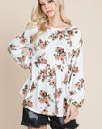 Super Lady Full Size Babydoll Floral Boat Neck Long Sleeve Blouse