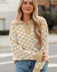 Checkered Buttons V Neck Drop Shoulder Sweater