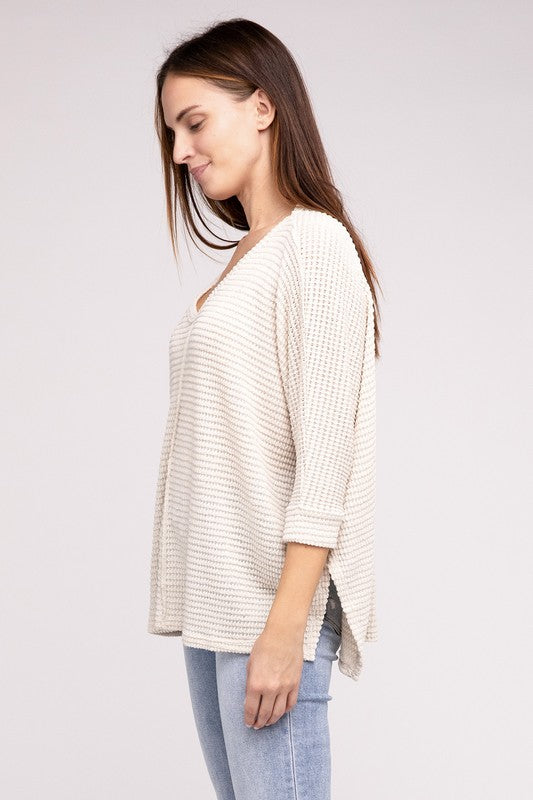 Zenana 3/4 Sleeve V-Neck Hi-Low Hem Jacquard Sweater