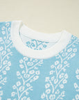 Floral Contrast Crewneck Short Sleeve Sweater