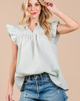 Ces Femme Plaid Notched Ruffled Cap Sleeve Blouse