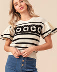 BiBi Granny Square Short Sleeve Striped Sweater