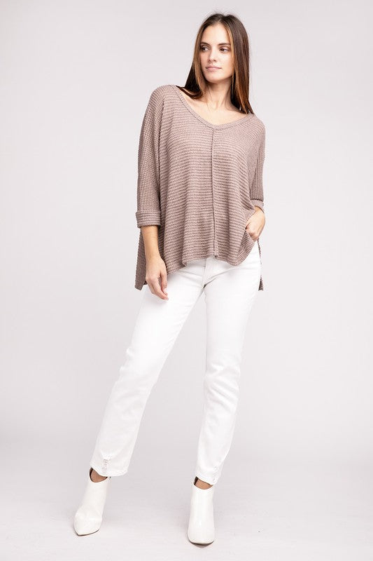 Zenana 3/4 Sleeve V-Neck Hi-Low Hem Jacquard Sweater