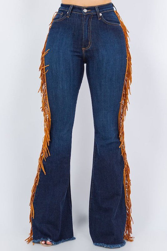 GJG Denim Fringe Bell Bottom in Dark Blue