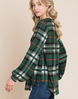 BOMBOM Curved Hem Plaid Round Neck Long Sleeve Top