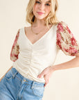 And The Why Full Size Floral Print Textured Sleeve Knit Top