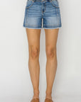 RISEN High Rise Seam Detailed Raw Edge Denim Shorts