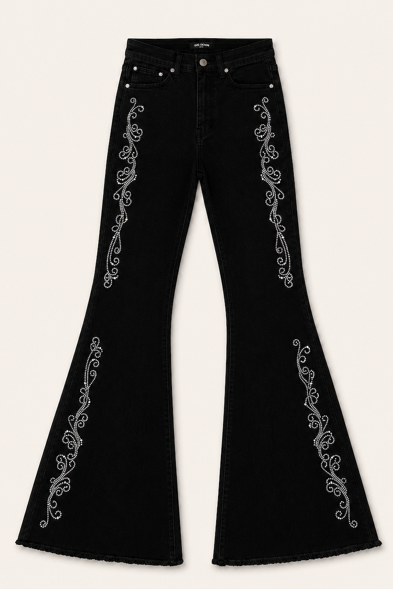 GJG Denim Midnight Rodeo Rhinestone Flare Jeans — Black