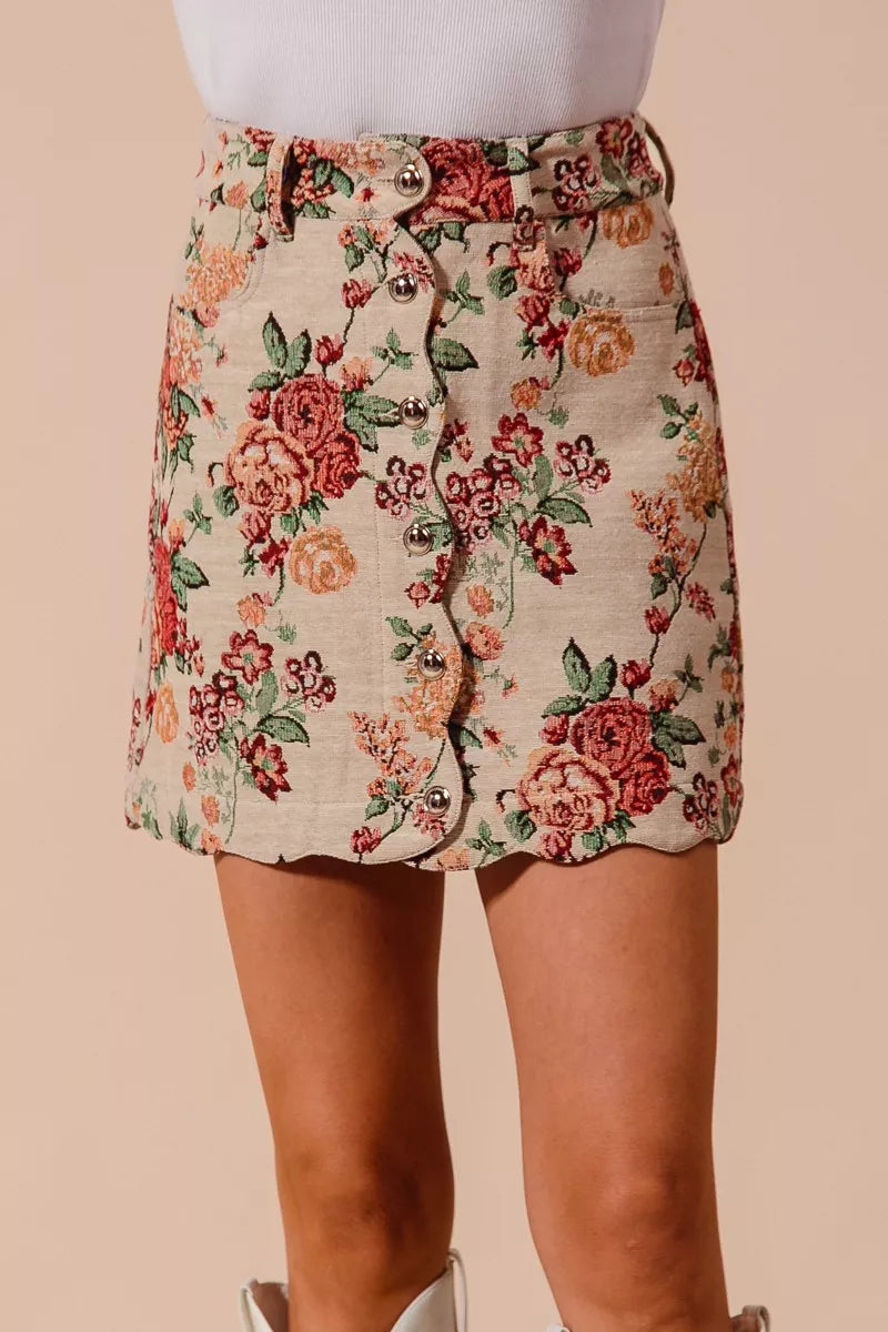 SO ME Floral Jacquard Button Front Mini Skirt with Scall
