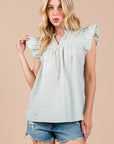 Ces Femme Plaid Notched Ruffled Cap Sleeve Blouse