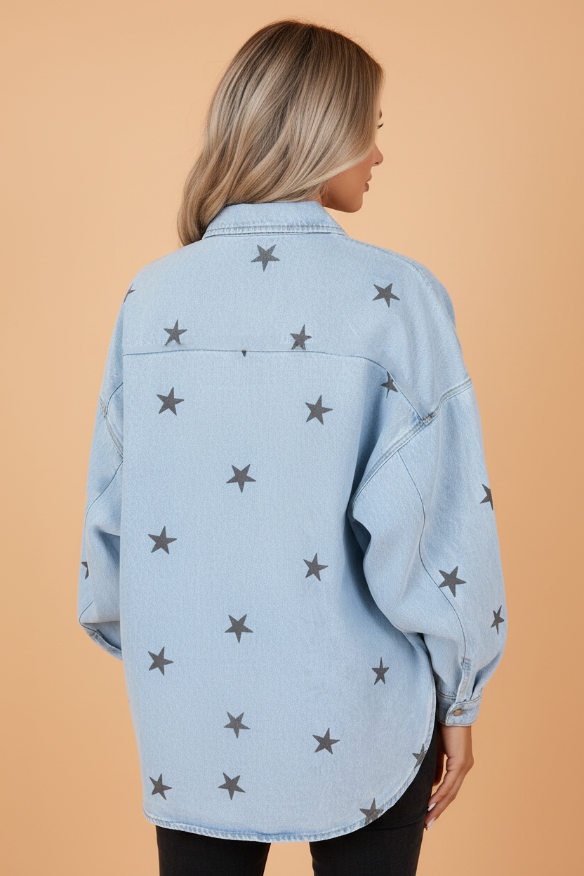 Star Denim Chest Pockets Long Sleeve Shacket