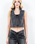 American Bazi Zip Up Washed Crop Denim Vest