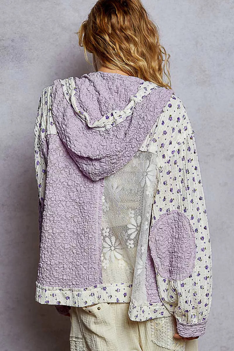 POL Floral Balloon Sleeve Hooded Lace Jacket with Stitch Detail