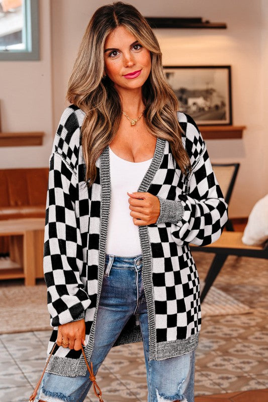 Checker Open Front Drop Shoulder Cardigan