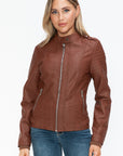 Snobbish PU Leather Biker Jacket with Side Zip Pockets