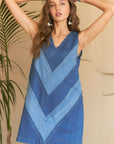 ADORA Chevron Color Block V-Neck Denim Dress