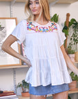 Davi & Dani Solid Flared Short Sleeve Top - Online Only