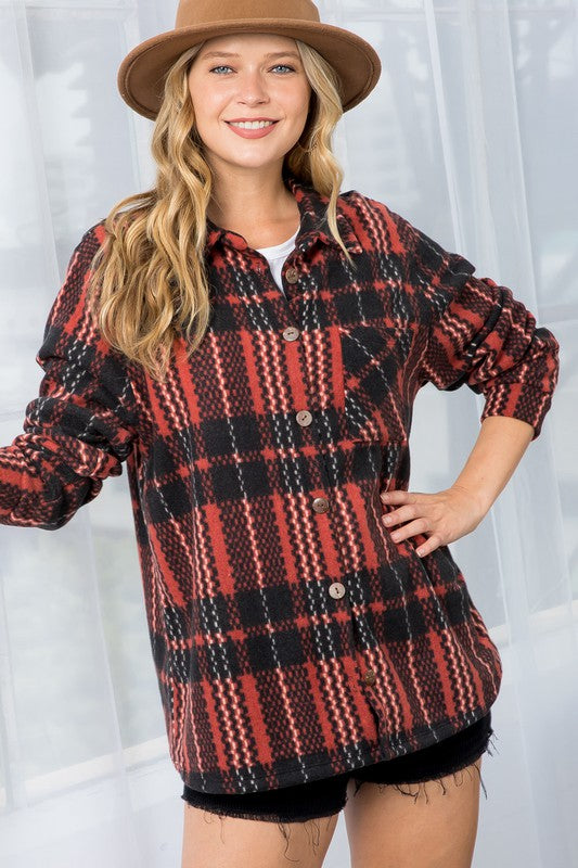 e Luna Fuzzy Plaid Button Down Shacket