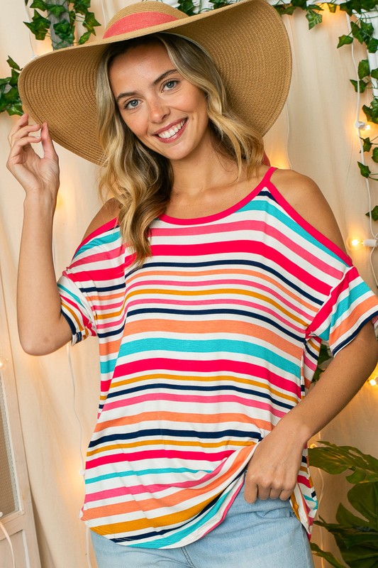 e Luna PLUS Multi Stripe Cold Shoulder Top