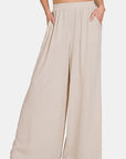 Zenana Pleated Linen Blend Wide Leg Pants