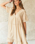 ADORA Ruffled Hem Striped V-Neck Babydoll Dress