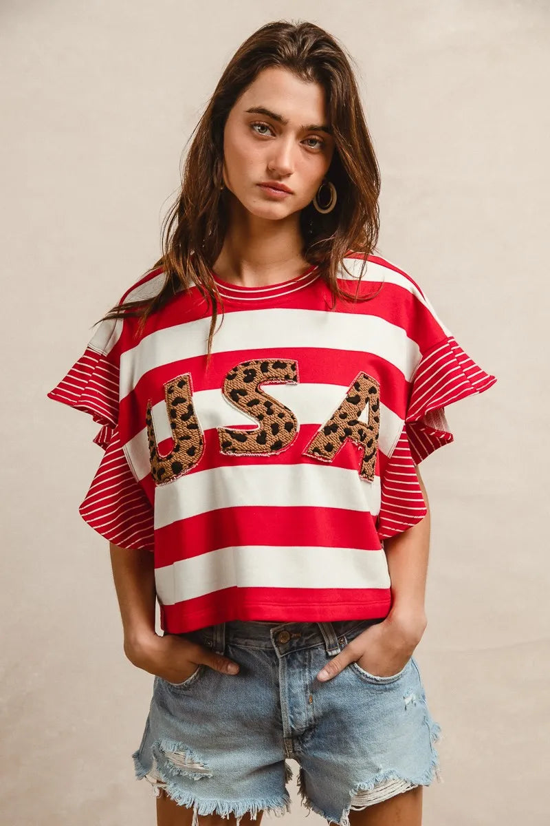 BiBi Stripe Mixed Ruffle Sleeve Top With Leopard Letter