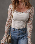 Floral Lace Patchwork Long Sleeve Square Neck Top