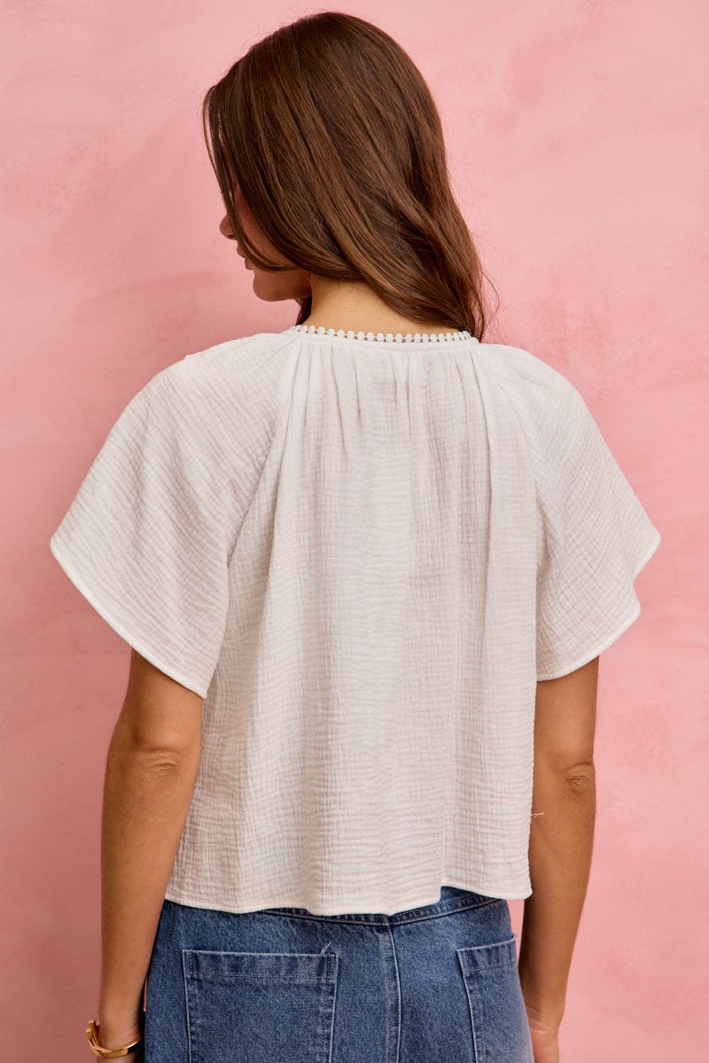 SO ME Cotton Gauze Lace Trim Flutter Sleeves Blouse Top