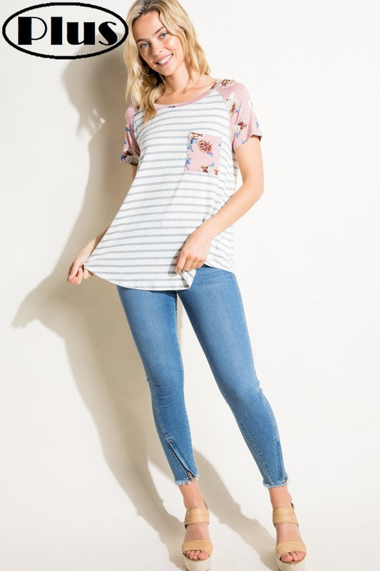 e Luna PLUS Striped Floral Mix Pocket Top