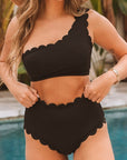 Women Black Solid Scalloped One-Shoulder Bikini