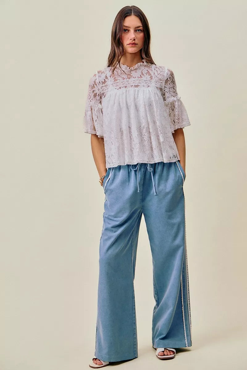 SO ME Lace Ruffled Short Sleeves Swing Top